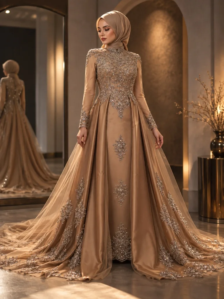 Saray İhtişamı Kristal İşlemeli Altın Tesettür Abiye