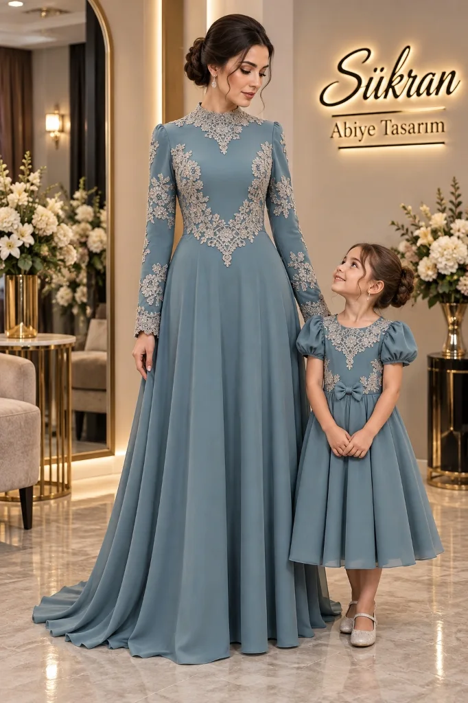 Buz Mavisi Saray Dantelli Anne-Kız Özel Abiye