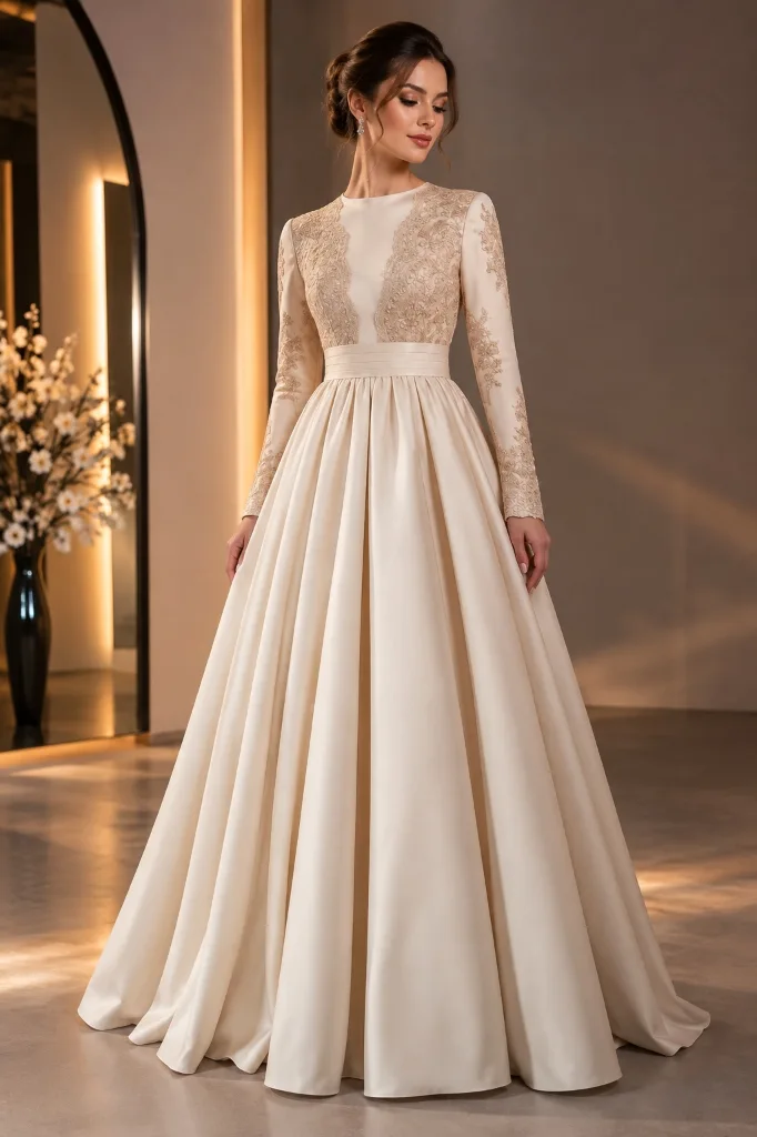 Ekru Asaleti Altın Dantel İşlemeli Nikah Abiyesi